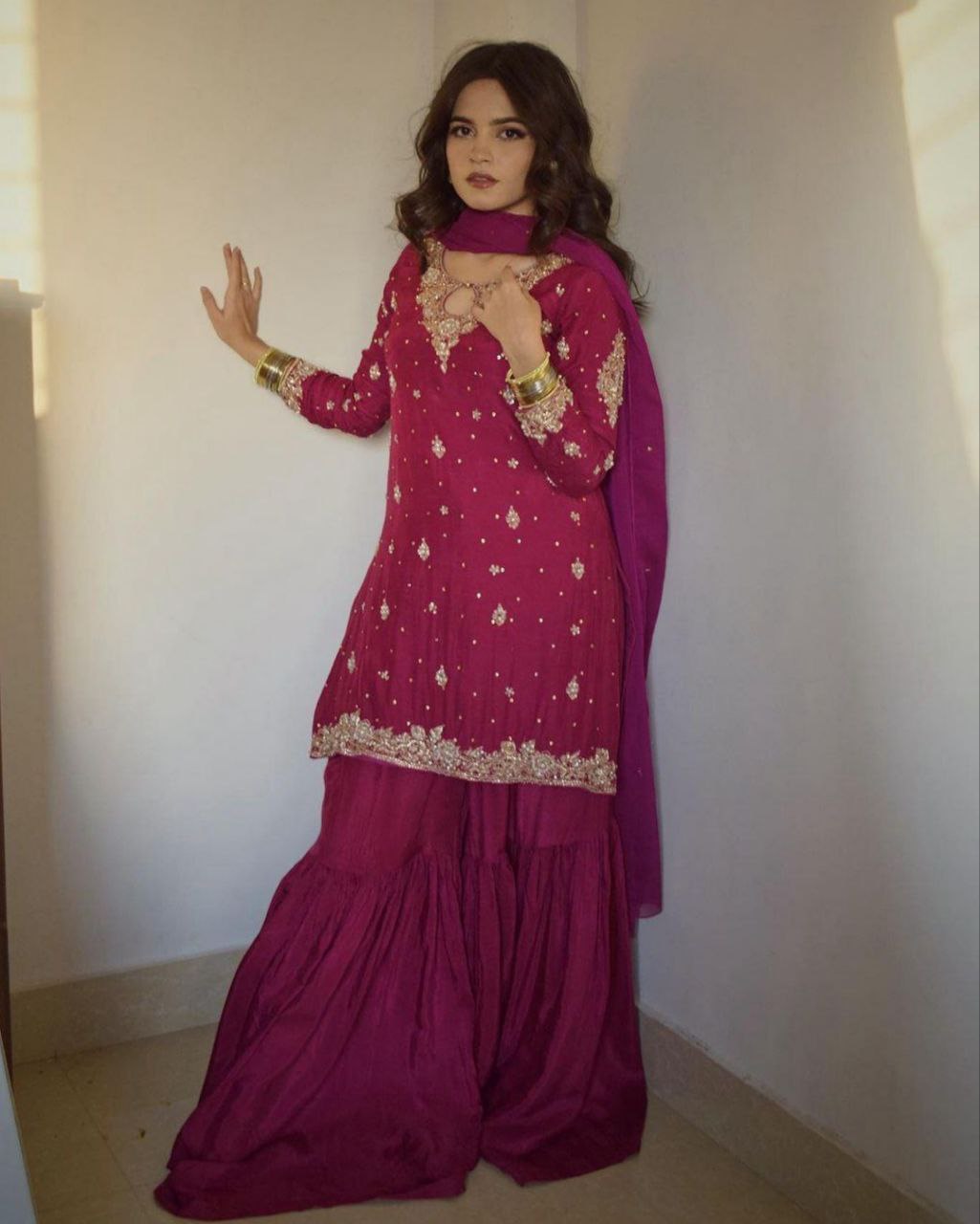 Ready To Wear Dark Pink Soft Georgette Embroidery Work Gharara Suit With Dupatta
