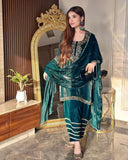 Ready To Wear Bottle Green Jimmy Silk Hand Work Salwar Suit With Dupatta