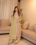 Ready To Wear Pista Green Jimmy Silk Embroidery Work Pakistani Suit With Peach Dupatta