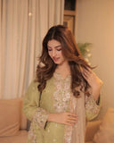 Ready To Wear Pista Green Jimmy Silk Embroidery Work Pakistani Suit With Peach Dupatta