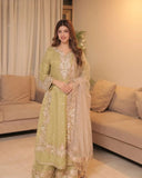 Ready To Wear Pista Green Jimmy Silk Embroidery Work Pakistani Suit With Peach Dupatta