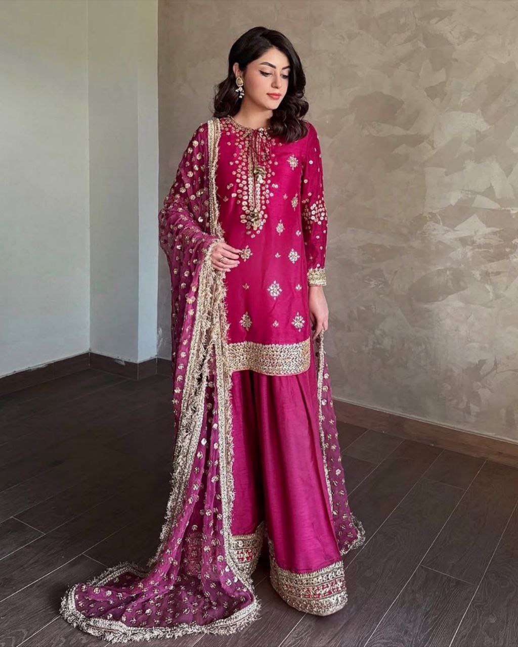 Ready To Wear Hot Pink Chinon Silk Embroidery Work Farzi Suit With Dupatta