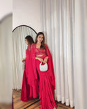 Ready To Wear Hot Pink French Silk Embroidery Work Skirt-Top With Shrug