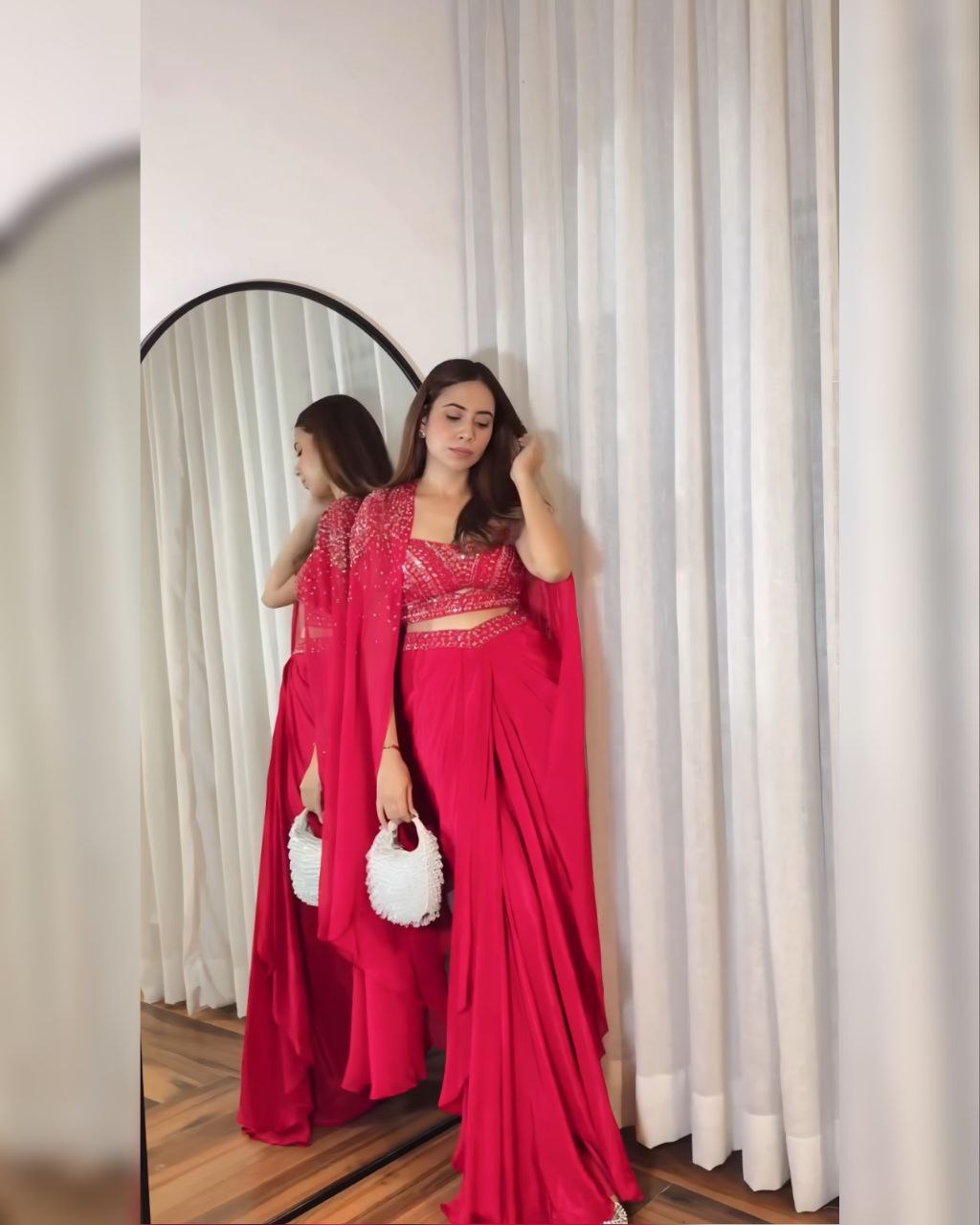 Ready To Wear Hot Pink French Silk Embroidery Work Skirt-Top With Shrug