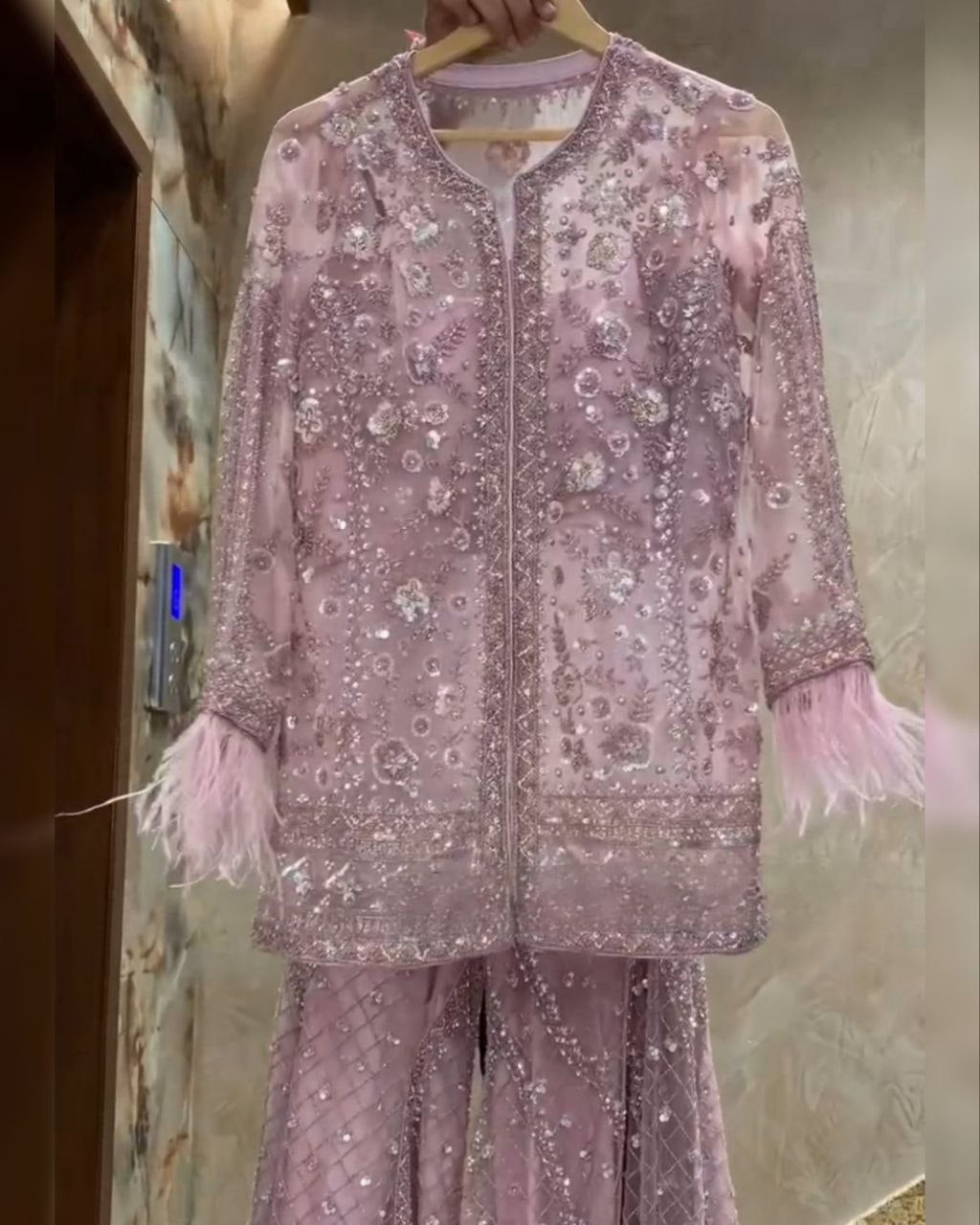 Ready To Wear Green & Pink Net Embroidery Work Palazo Suit With Dupatta