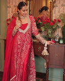 Ready To Wear Red & Green Chinon Silk Embroidery Work Anarkali Suit With Dupatta