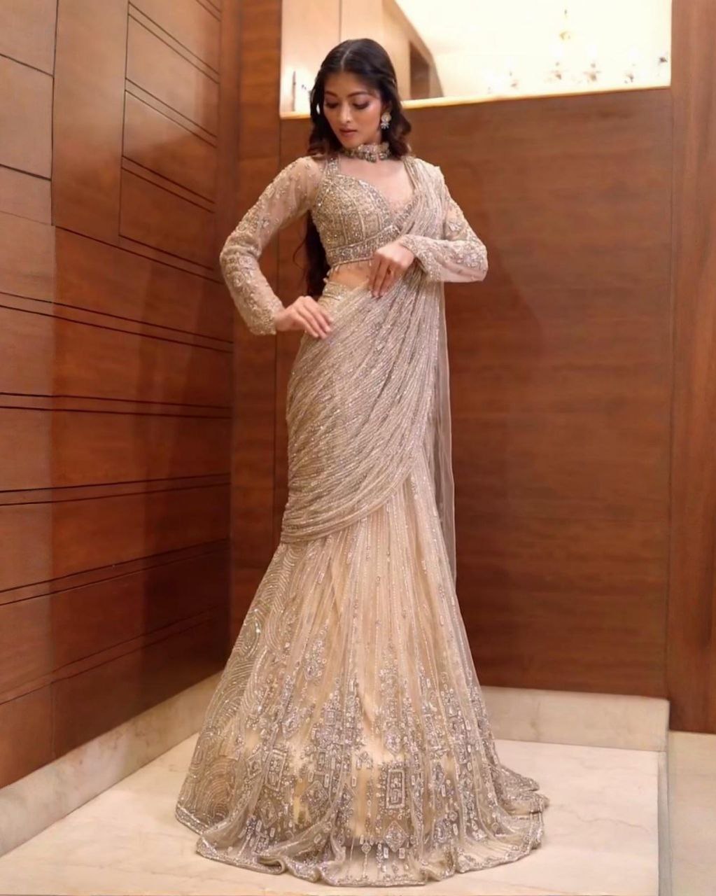 Ready To Wear Gold Beige Butterfly Net Embrodiery Work Lehenga Saree With Blouse