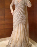 Ready To Wear Gold Beige Butterfly Net Embrodiery Work Lehenga Saree With Blouse