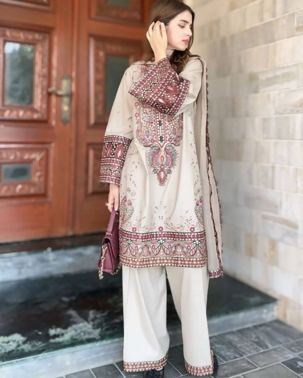 Ready To Wear Cream Silk Embroidery Work Farshi Suit With Dupatta
