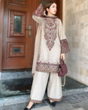 Ready To Wear Cream Silk Embroidery Work Farshi Suit With Dupatta