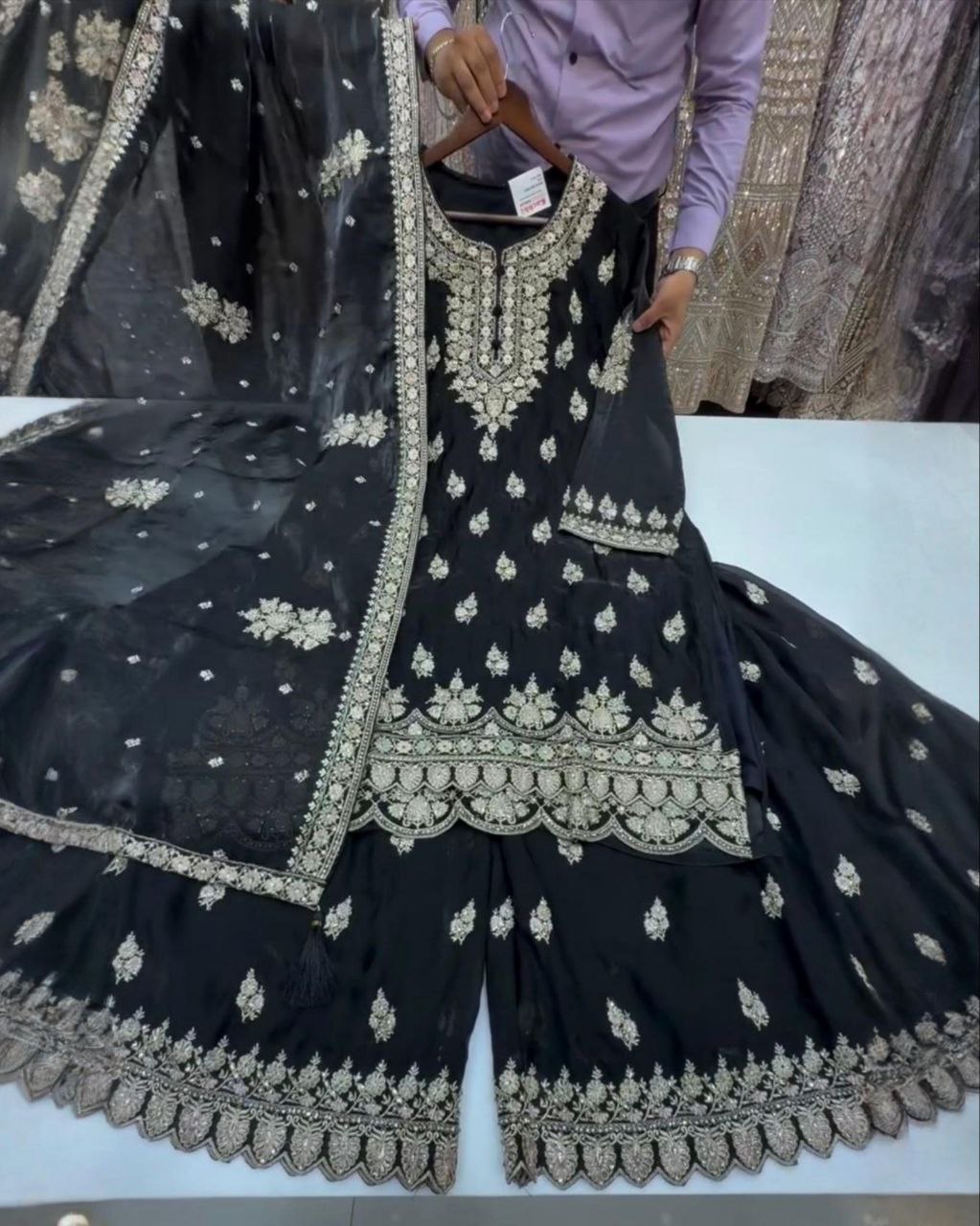 Ready To Wear Black Silk Embroidery Work Sharara Suit With Dupatta