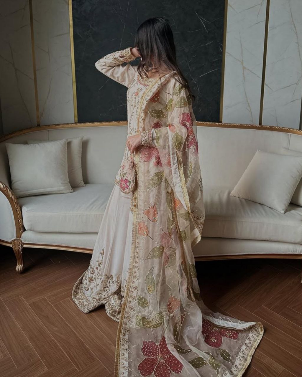 Ready To Wear Cream Chinon Silk Embroidery Work Sharara Suit With Dupatta