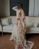 Ready To Wear Cream Chinon Silk Embroidery Work Sharara Suit With Dupatta