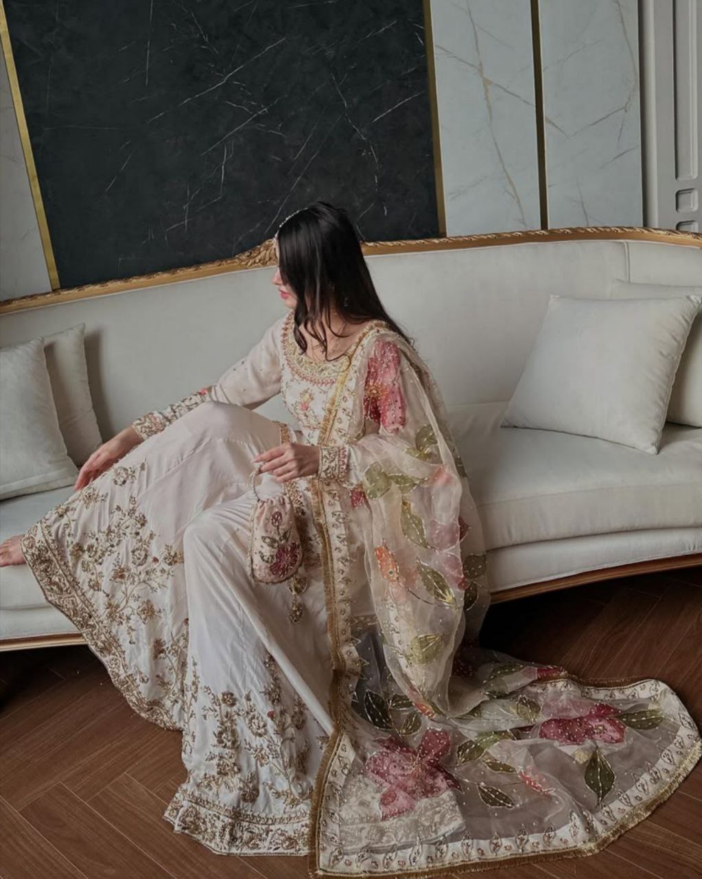 Ready To Wear Cream Chinon Silk Embroidery Work Sharara Suit With Dupatta