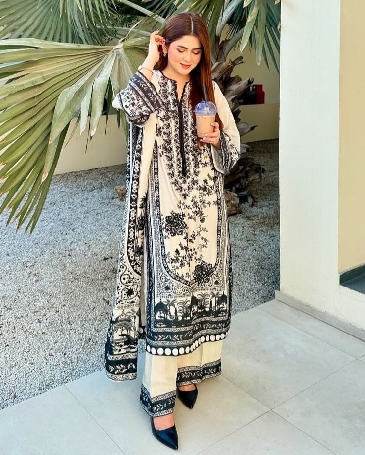Exclusive White & Black Malai Silk Embroidery Work Pakistani Suit With Dupatta