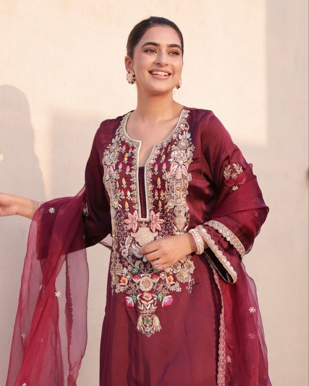 Exclusive Wine Satin Silk Sequence Work Pant Suit With Dupatta