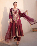 Exclusive Wine Satin Silk Sequence Work Pant Suit With Dupatta