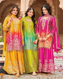 Ready To Wear Yellow , Lime & Pink Chinon Silk Embroidery Work Palazo Suit With Dupatta