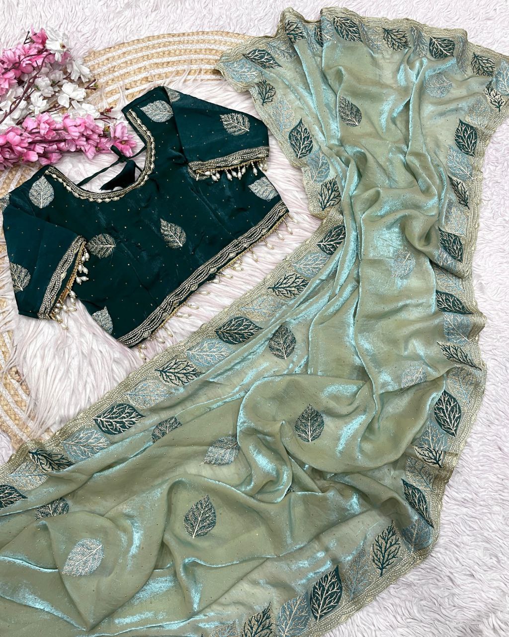 Exclusive Purple , Yellow , Pink & Green Satin Silk Embroidery Work Saree With Blouse