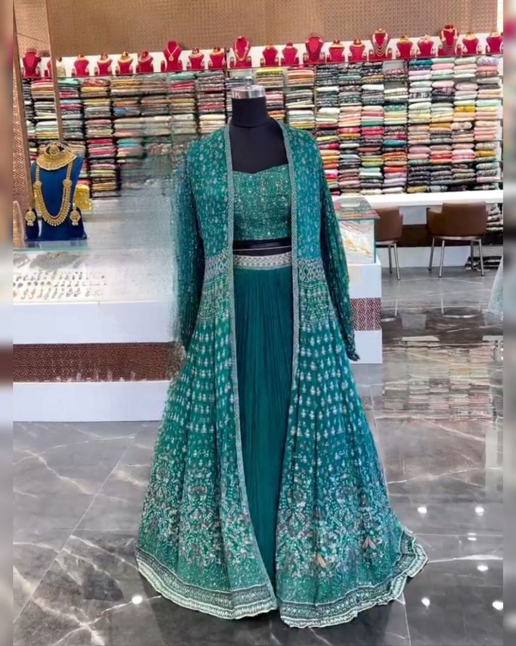 Ready To Wear Rama Faux Georgette Embroidery Work Lehenga Choli With Koti