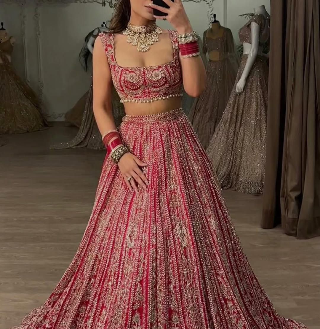 Ready To Wear Cherry Red Georgette Embroidery Work Lehenga Choli With Dupatta