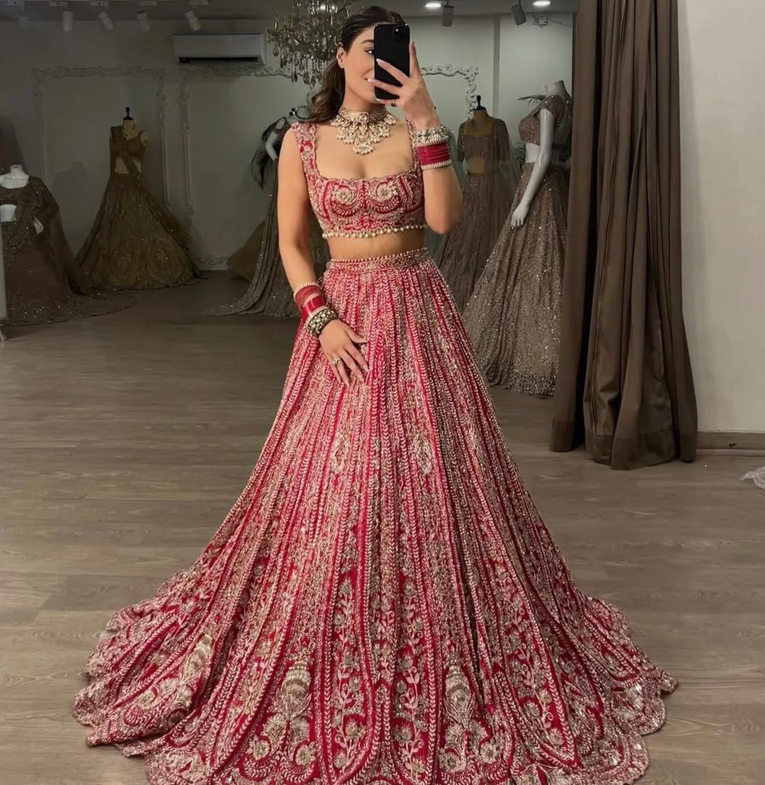 Ready To Wear Cherry Red Georgette Embroidery Work Lehenga Choli With Dupatta
