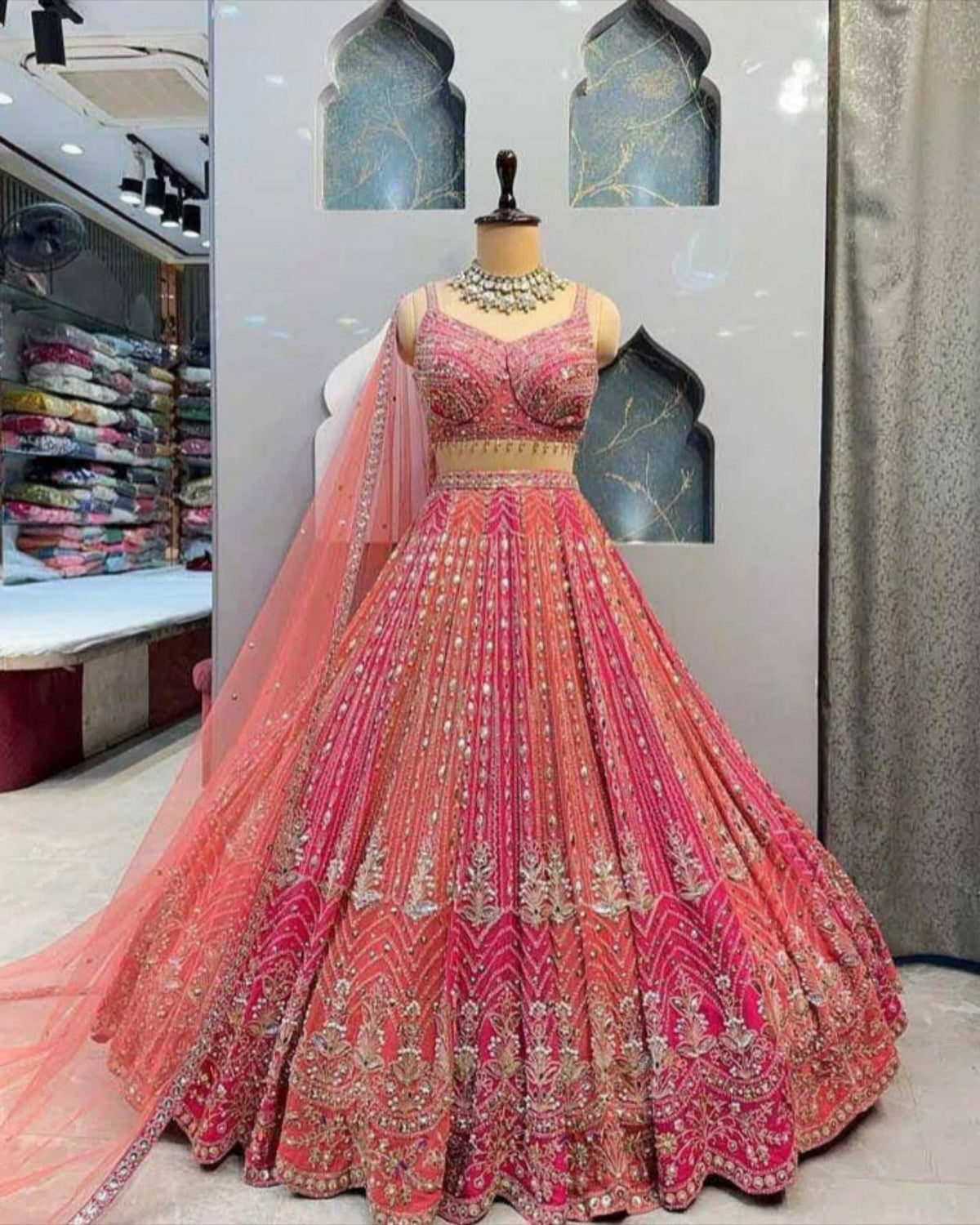 Ready To Wear Orange & Pink Faux Georgette Embroidery Work Lehenga Choli With Dupatta