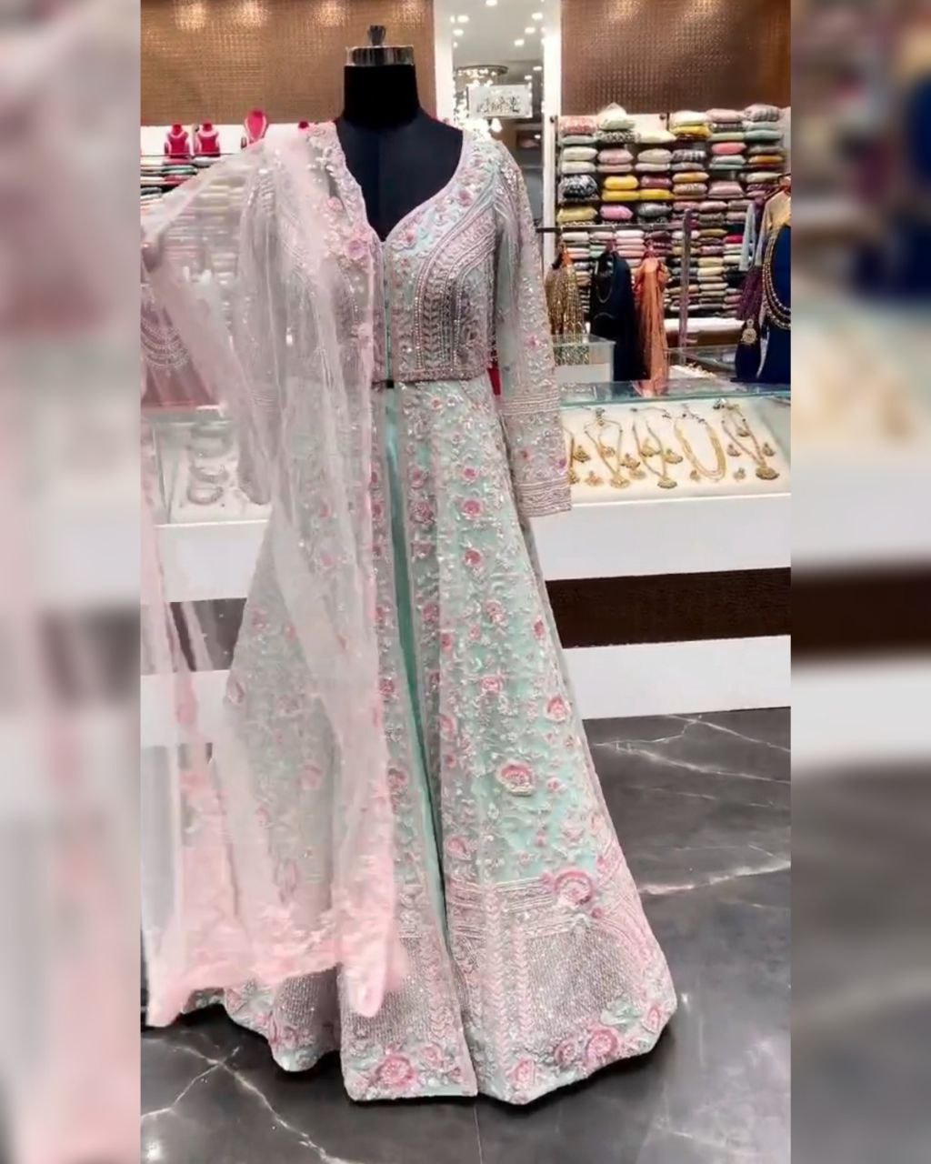 Ready To Wear Sky Soft Net Embroidery Work Lehenga Choli With Dupatta