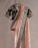 Ready To Wear Peach & Green Silk Embroidery Work Saree With Blouse