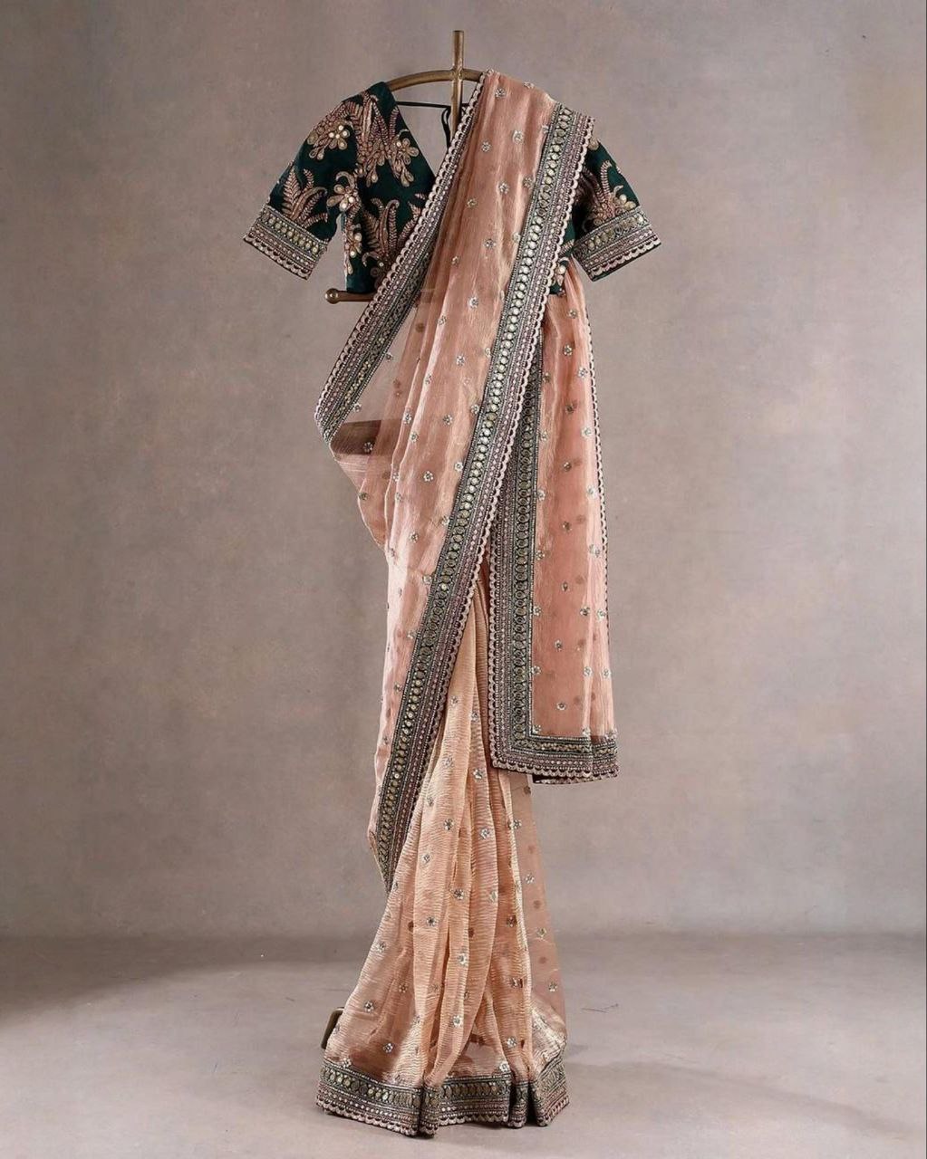 Ready To Wear Peach & Green Silk Embroidery Work Saree With Blouse
