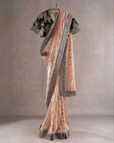 Ready To Wear Peach & Green Silk Embroidery Work Saree With Blouse