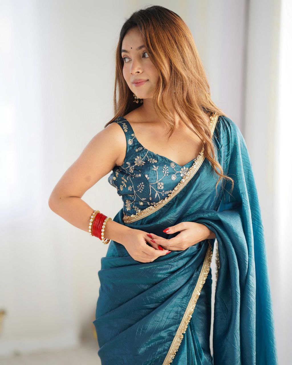 Ready To Wear Pink , Onion & Morpinch Tissue Silk Embroidery Work Saree With Blouse