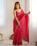 Ready To Wear Pink , Onion & Morpinch Tissue Silk Embroidery Work Saree With Blouse