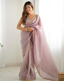 Ready To Wear Pink , Onion & Morpinch Tissue Silk Embroidery Work Saree With Blouse