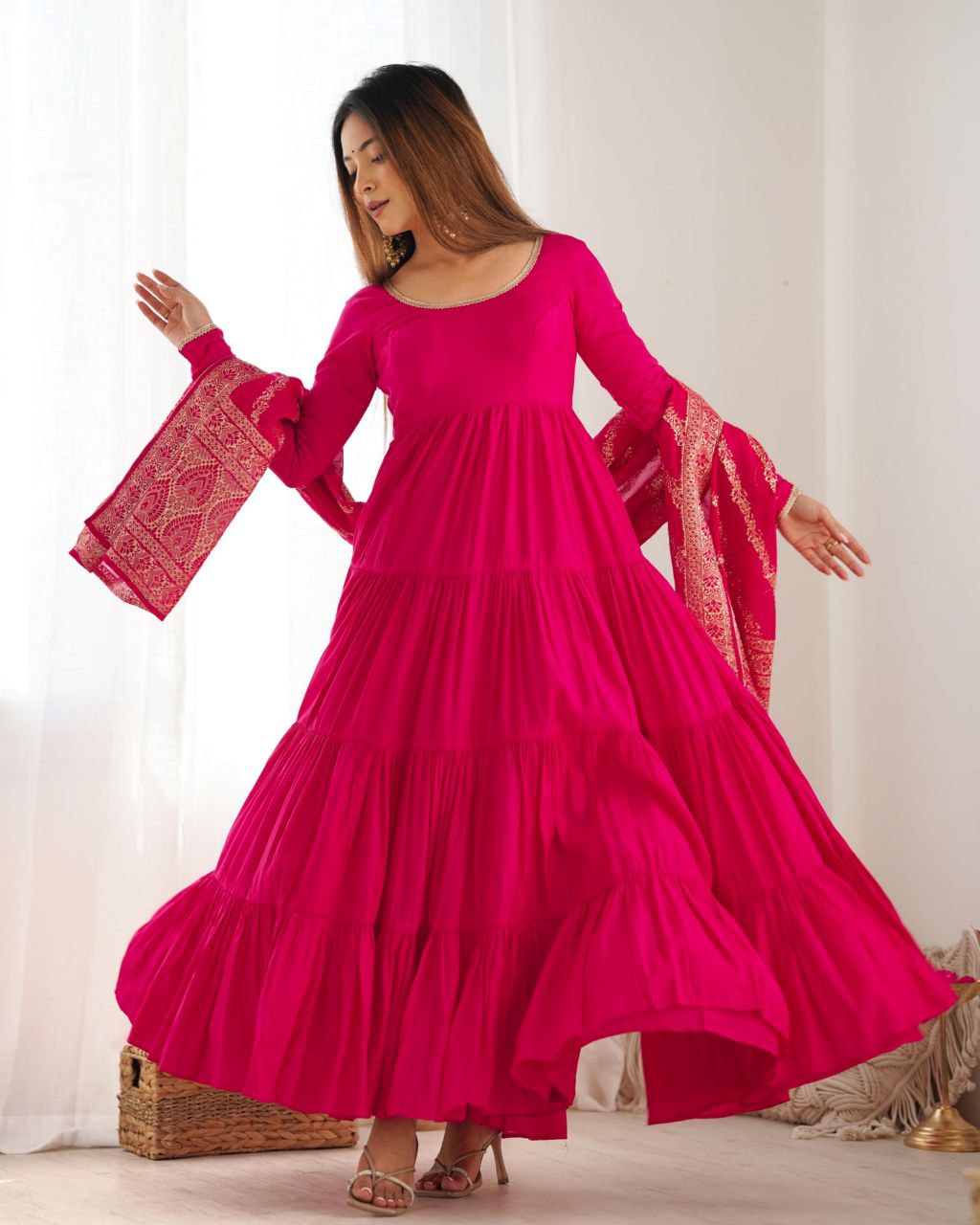 Ready To Wear Hot Pink & Light Purple Pure Crep Embroidery Work Anarkali Suit With Dupatta