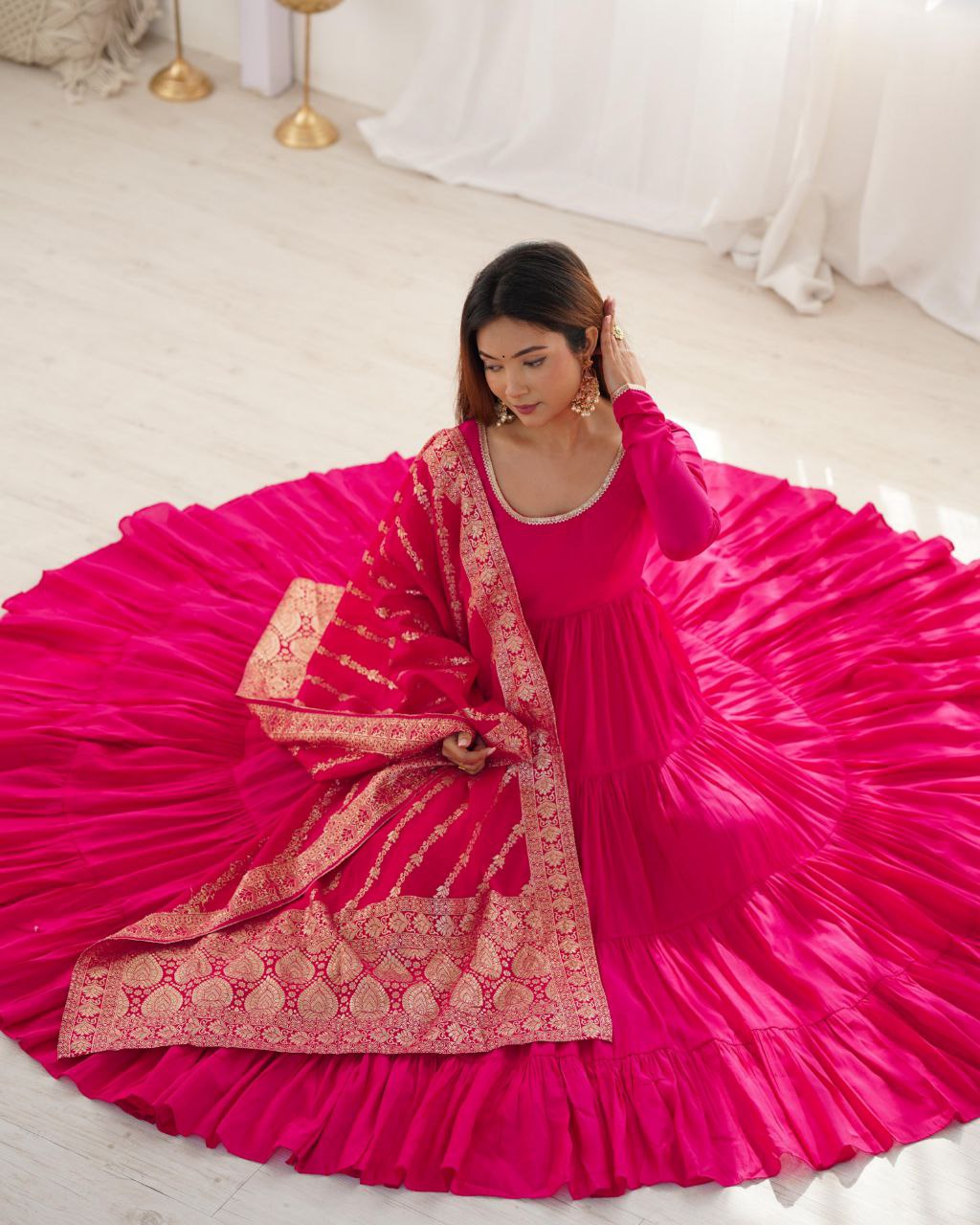 Ready To Wear Hot Pink & Light Purple Pure Crep Embroidery Work Anarkali Suit With Dupatta