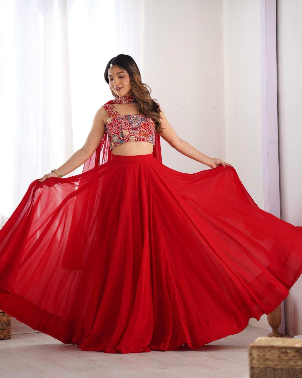 Ready To Wear Red & Yellow Faux Georgette Embroidery Work Lehenga Choli With Dupatta