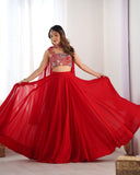 Ready To Wear Red & Yellow Faux Georgette Embroidery Work Lehenga Choli With Dupatta