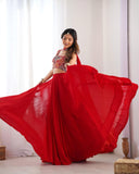 Ready To Wear Red & Yellow Faux Georgette Embroidery Work Lehenga Choli With Dupatta