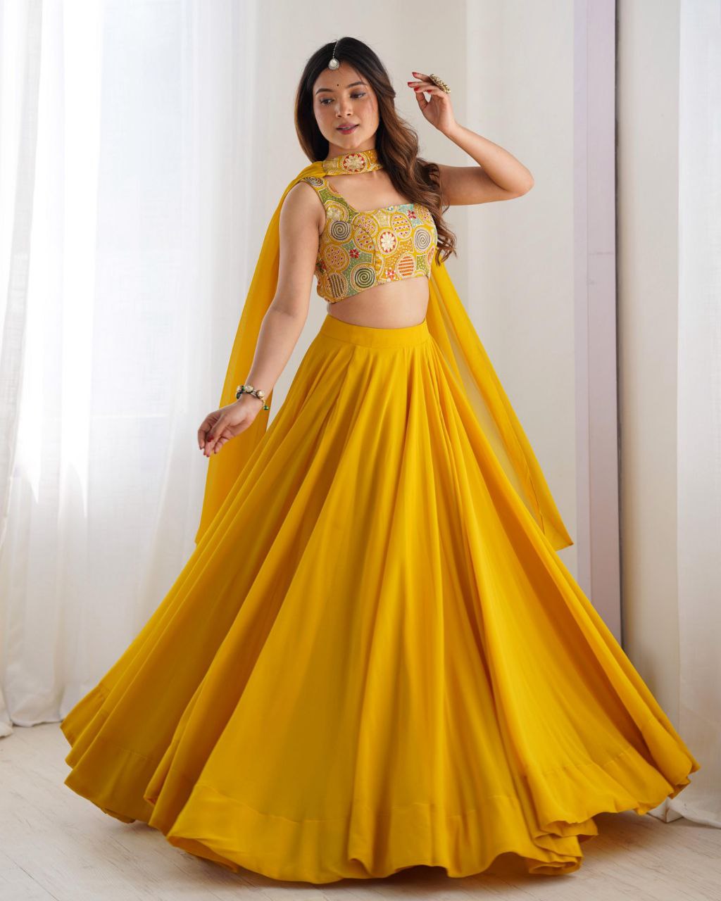 Ready To Wear Red & Yellow Faux Georgette Embroidery Work Lehenga Choli With Dupatta