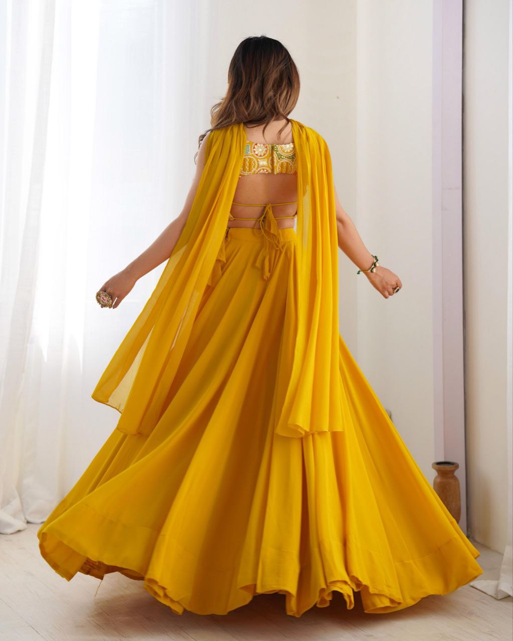 Ready To Wear Red & Yellow Faux Georgette Embroidery Work Lehenga Choli With Dupatta