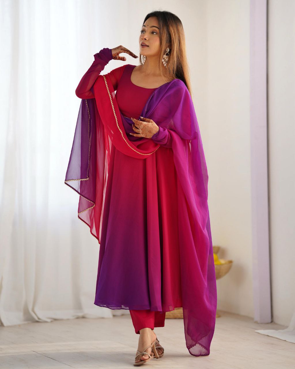 Ready To Wear Dark Pink Soft Georgette Embroidery Work Anarkali Suit With Dupatta