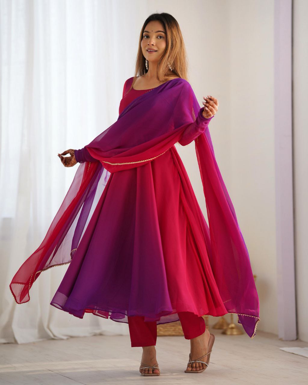 Ready To Wear Dark Pink Soft Georgette Embroidery Work Anarkali Suit With Dupatta
