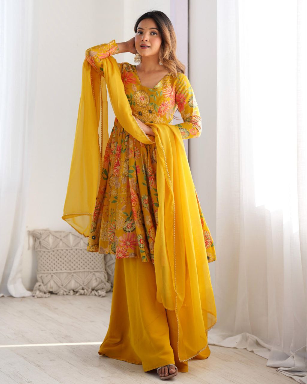 Ready To Wear Yellow Roman Silk Digital Printed Sharara Suit With Dupatta