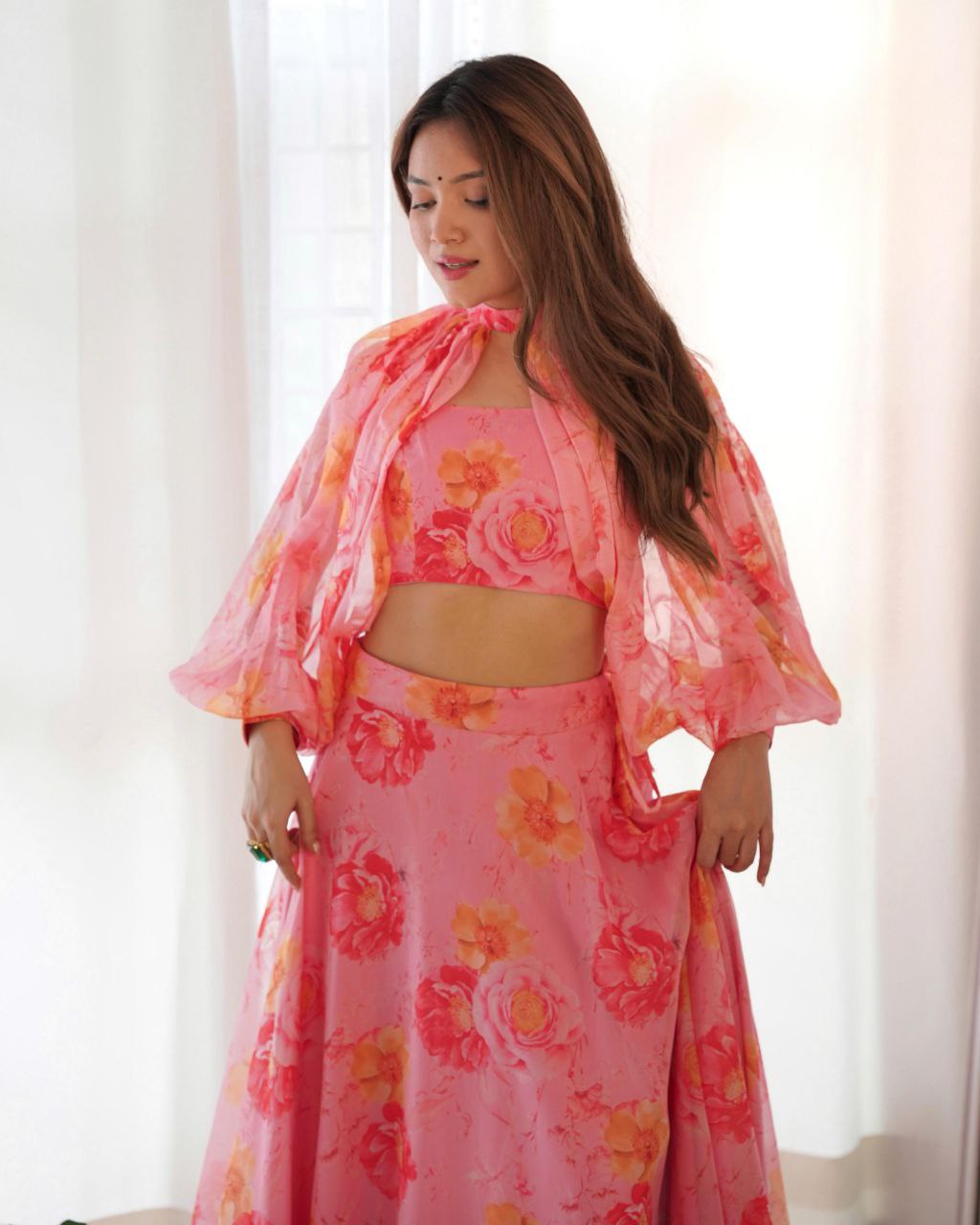Ready To Wear Peach Organza Floral Printed Lehenga Choli With Sleeves