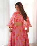 Ready To Wear Peach Organza Floral Printed Lehenga Choli With Sleeves