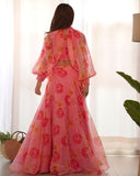 Ready To Wear Peach Organza Floral Printed Lehenga Choli With Sleeves