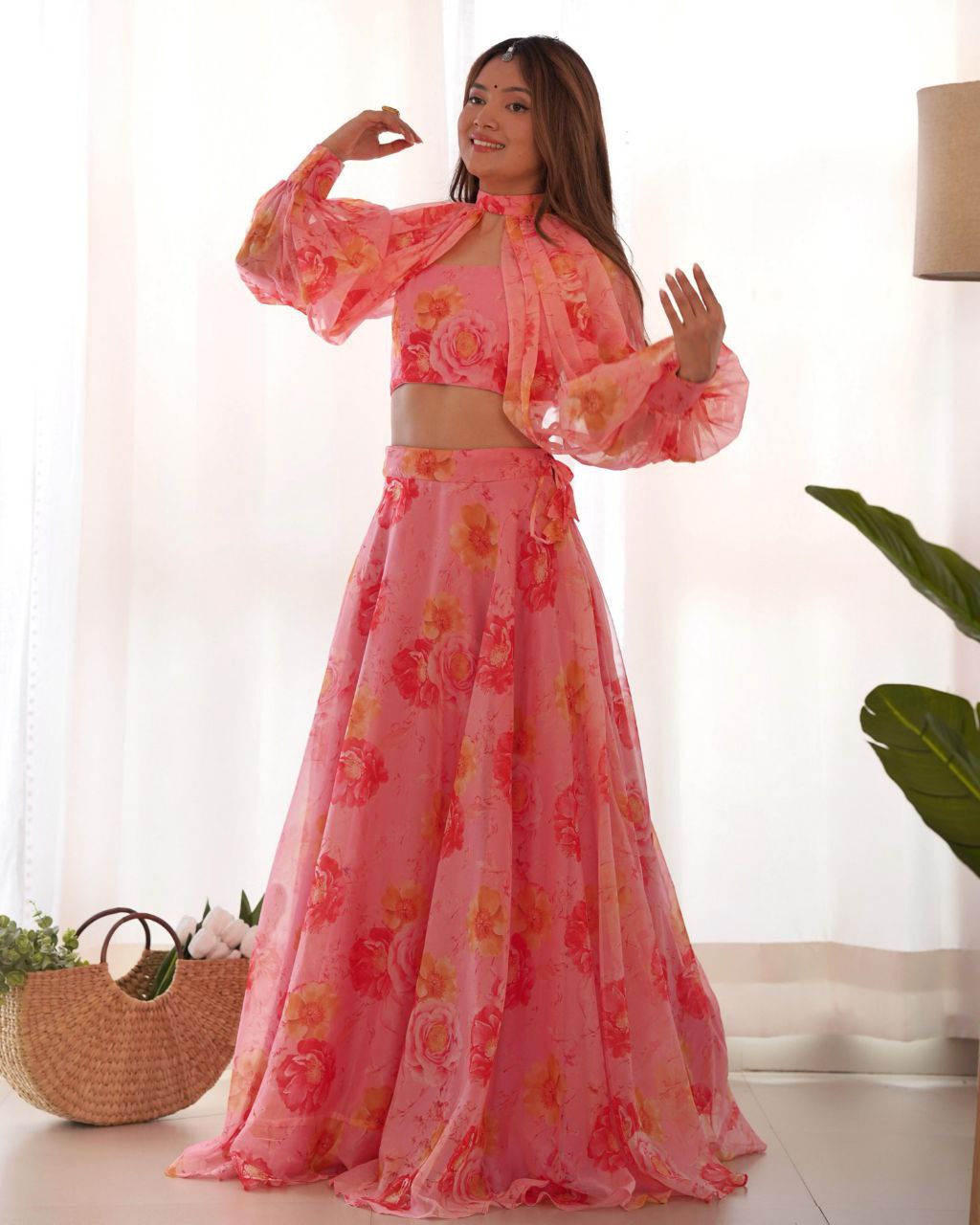 Ready To Wear Peach Organza Floral Printed Lehenga Choli With Sleeves