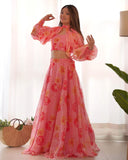 Ready To Wear Peach Organza Floral Printed Lehenga Choli With Sleeves