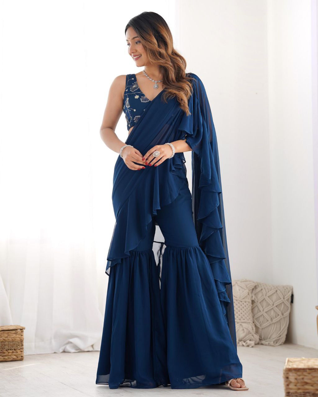Ready To Wear Neavy Blue Soft Georgette Embroidery Work Saree With Blouse